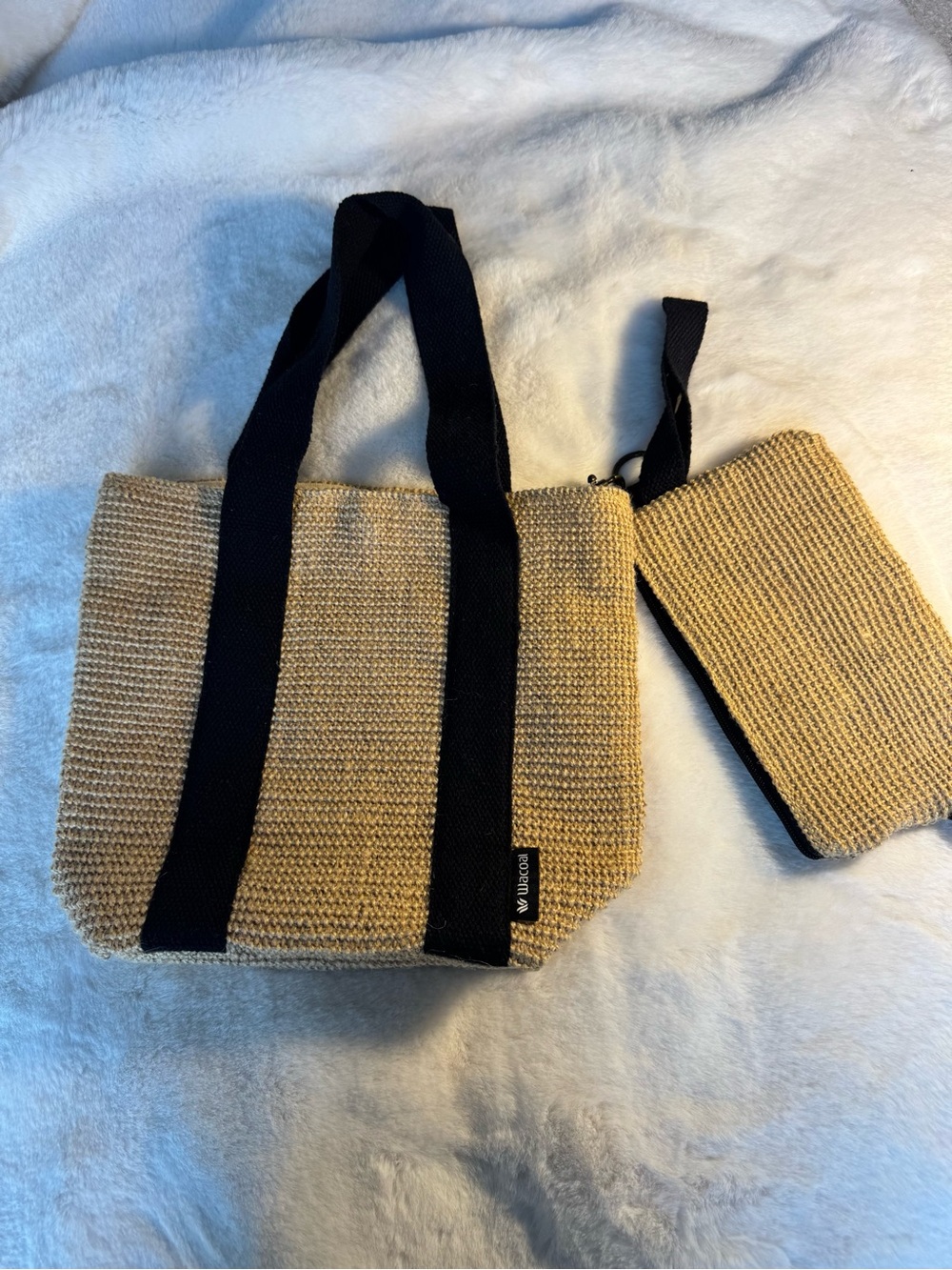 Wacoal Woven Straw Tote with Black Straps and Matching Wristlet (New)